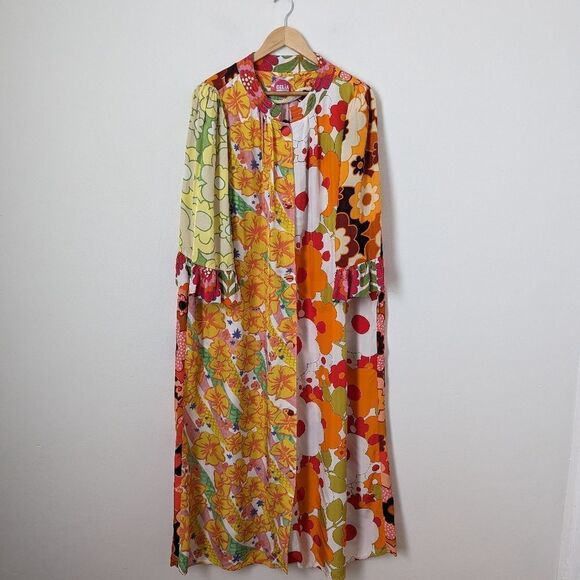 Celia B yellow orange white retro floral mixed print Titanite oversized kaftan - Picture 2 of 6